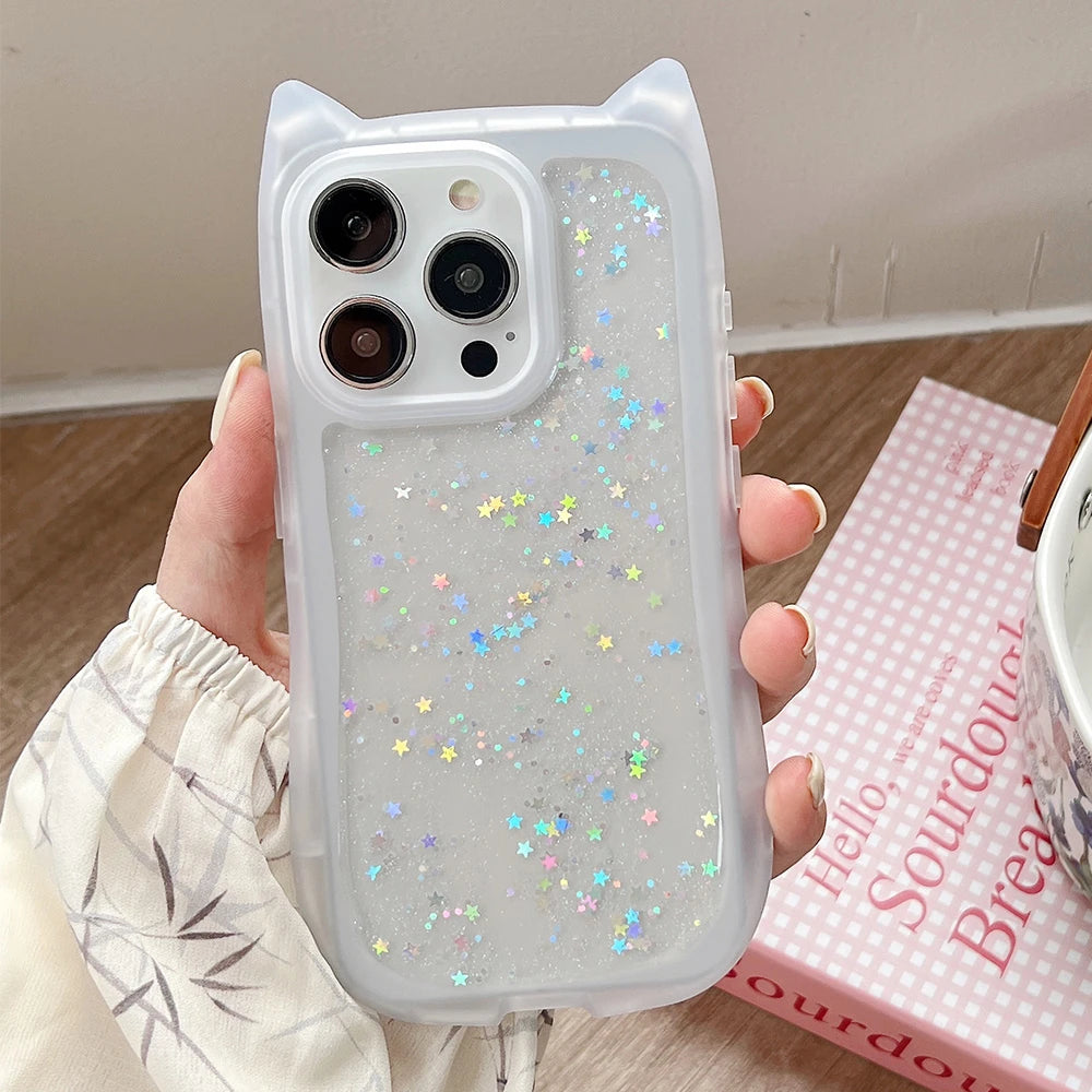 Cute Cat Ear Glitter Clear Silicone Case for iPhone – Shockproof Bling Back Cover