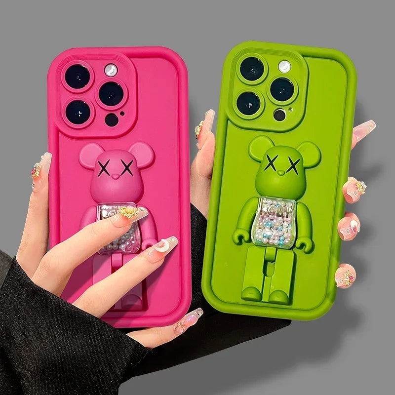 3D Bear Holder Matte Case For iPhone Soft Shockproof Stand Cover