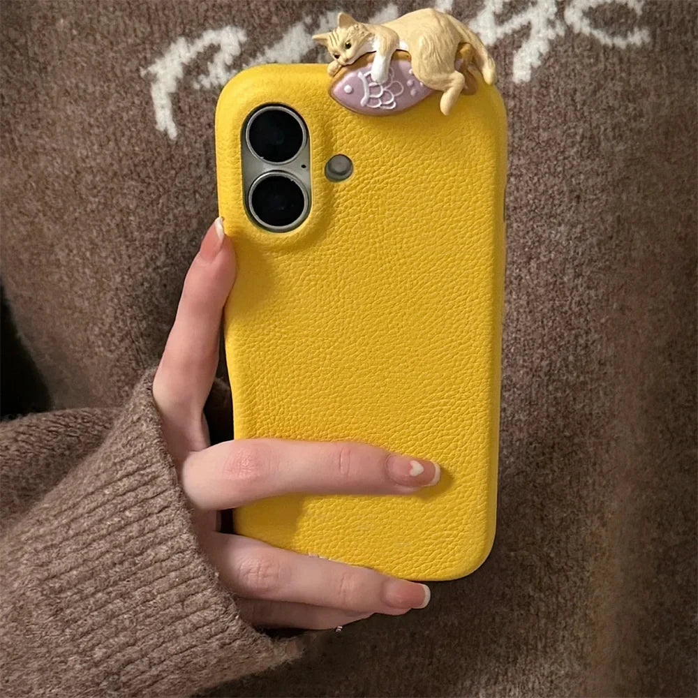 3D Cartoon Lying Cat Leather Phone Case