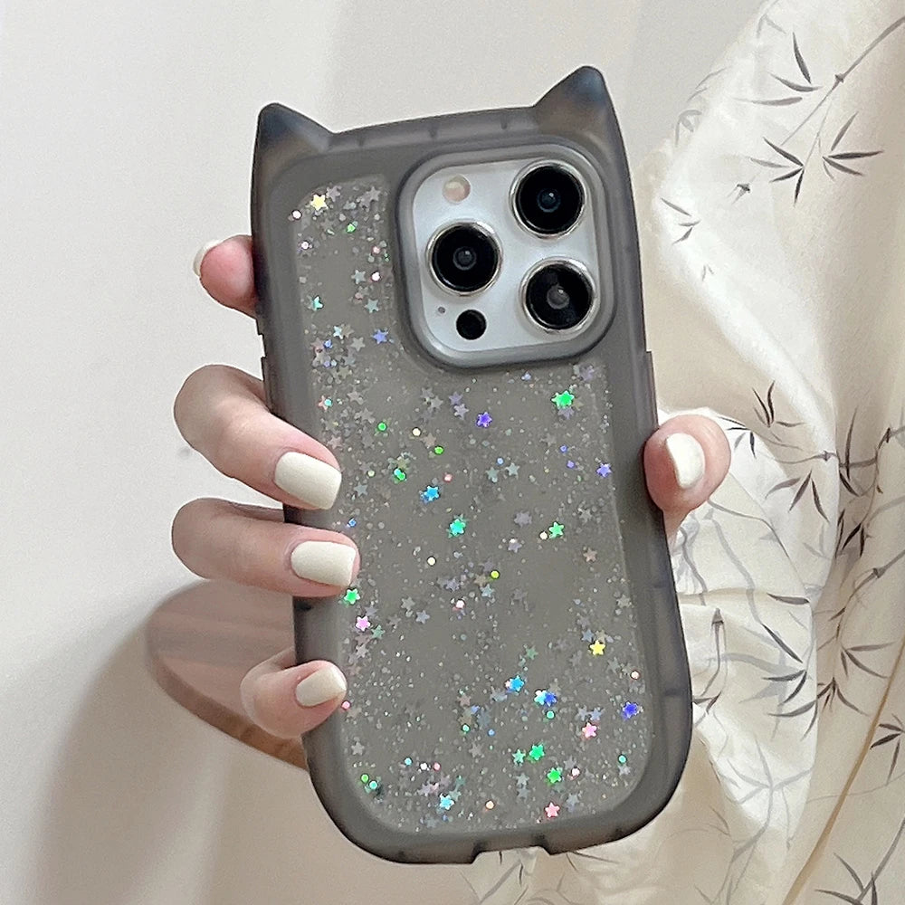 Cute Cat Ear Glitter Clear Silicone Case for iPhone – Shockproof Bling Back Cover