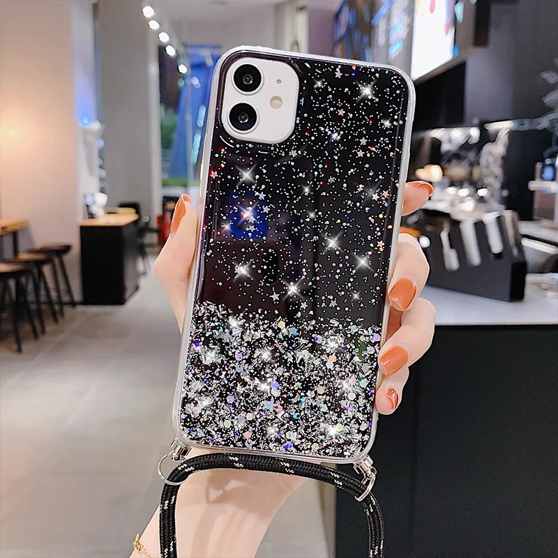 Clear Glitter Phone Case with Lanyard Strap