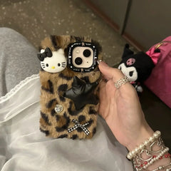 Leopard Print Hello Kitty Plush Case for iPhone