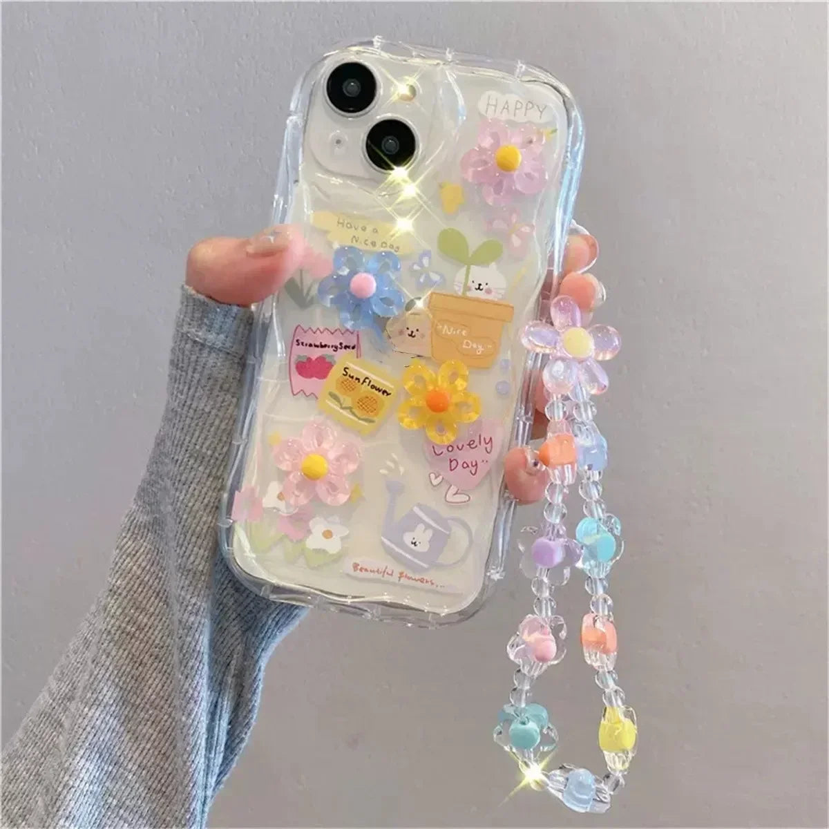 3D Bear Chain Lanyard Clear Case For iPhone  Korean Soft Transparent Cute