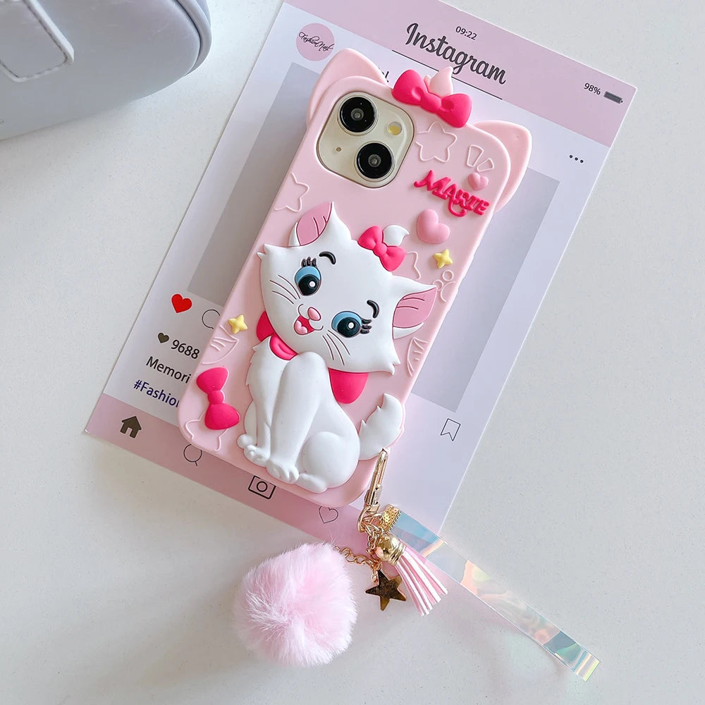 Kawaii Marie Cat Silicone Case with Hair Ball Pendant