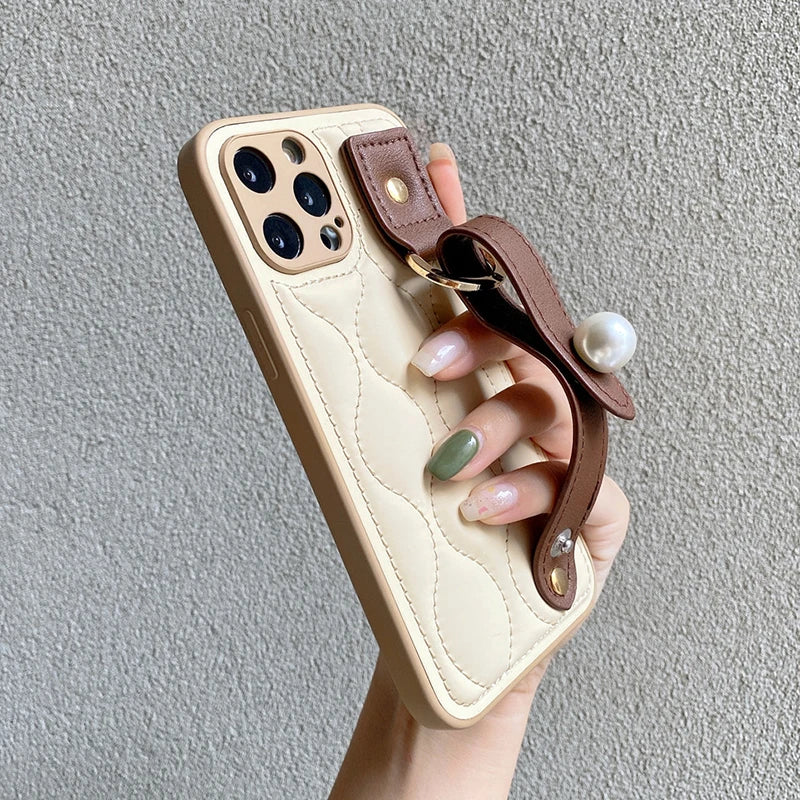 Leather Pearl Wrist Strap Phone Case