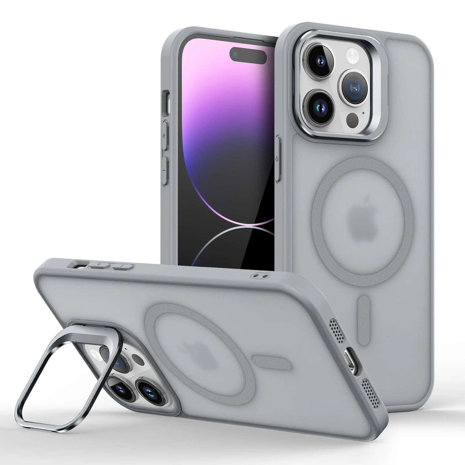 Magnetic Magsafe Case with Metal Lens Stand for iPhone – Matte Shockproof Wireless Charging