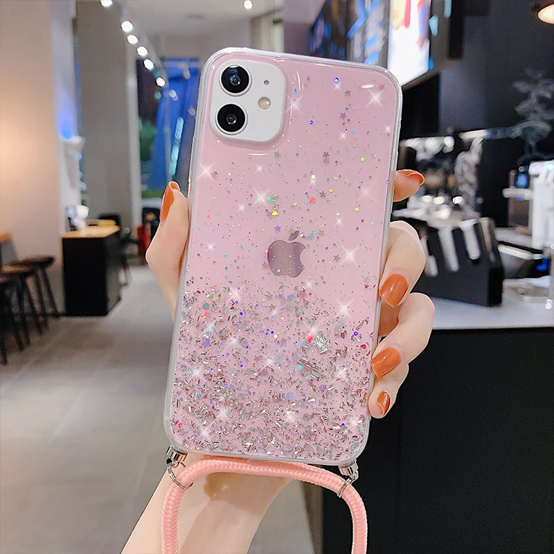 Clear Glitter Phone Case with Lanyard Strap