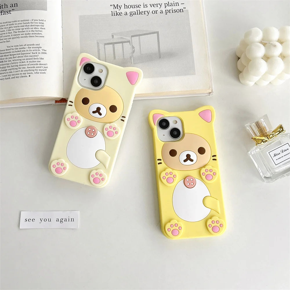 Cute Rilakkuma Bear Case For iPhone  Kawaii Cat Design Soft Silicone 3D