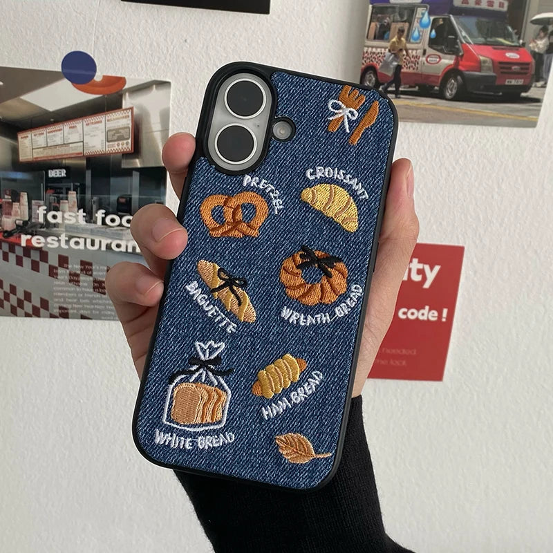 Embroidered Bread Toast Denim Phone Case