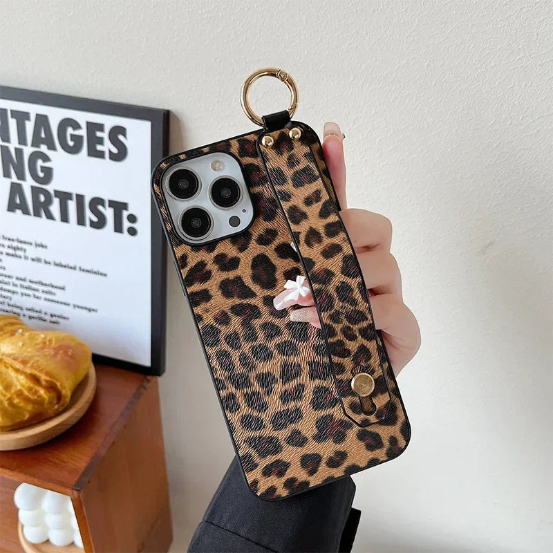 Leopard Print Wrist Strap Phone Case