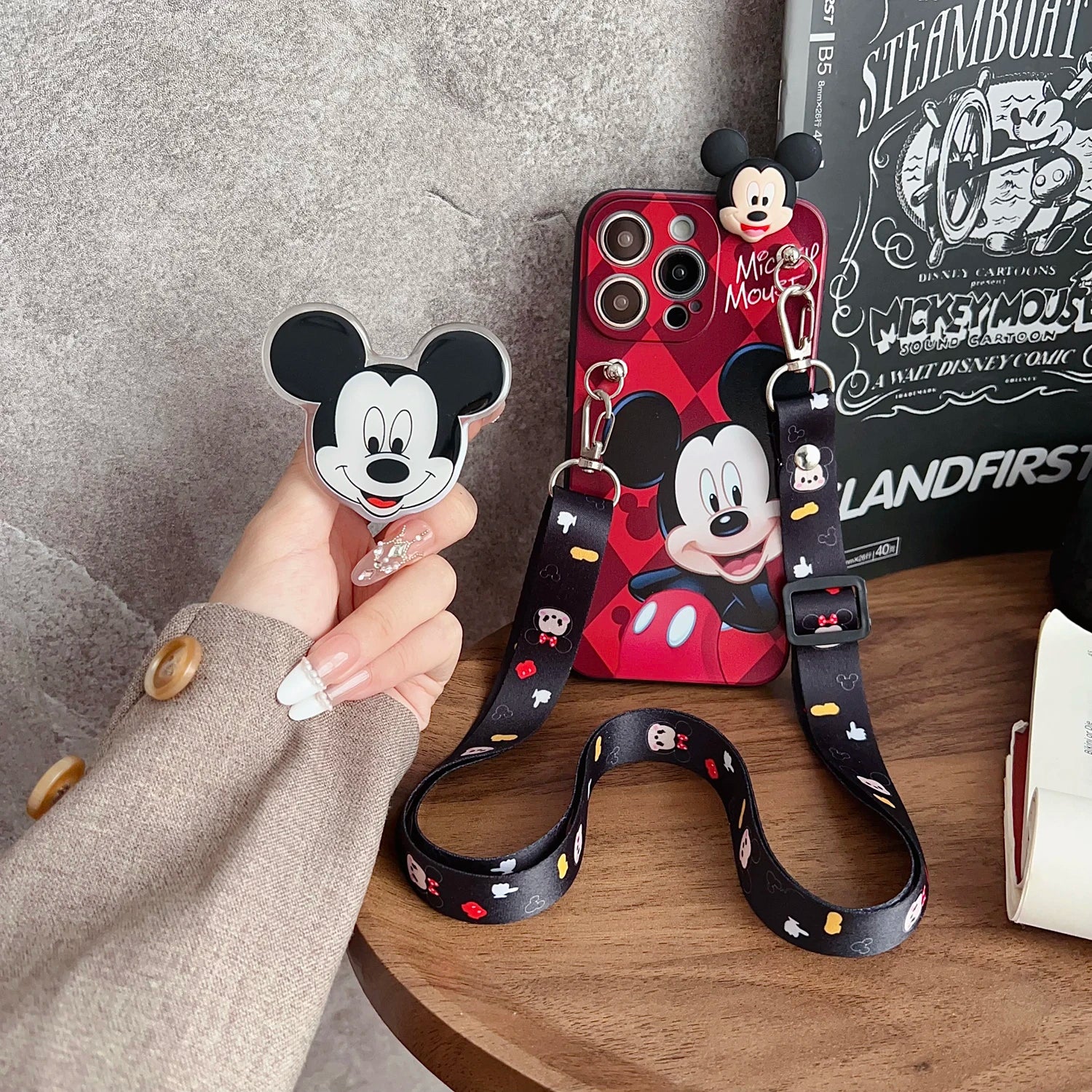 Playful Minnie Phone Case with Holder & Lanyard for iPhone