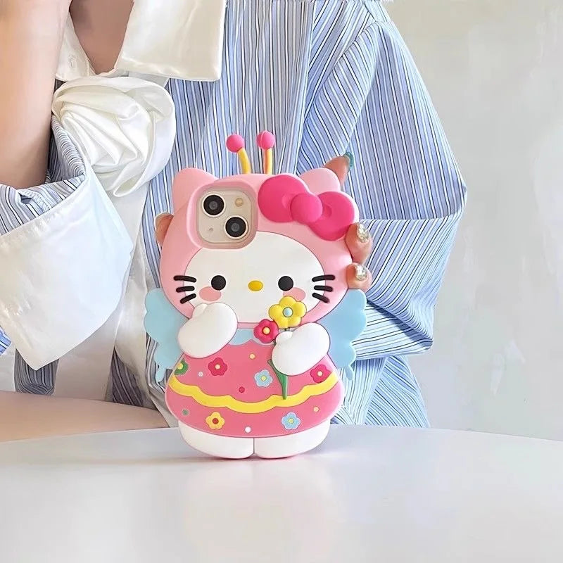 3D Hello Kitty Silicone Case Sweet Flower Cartoon Cover For iPhone