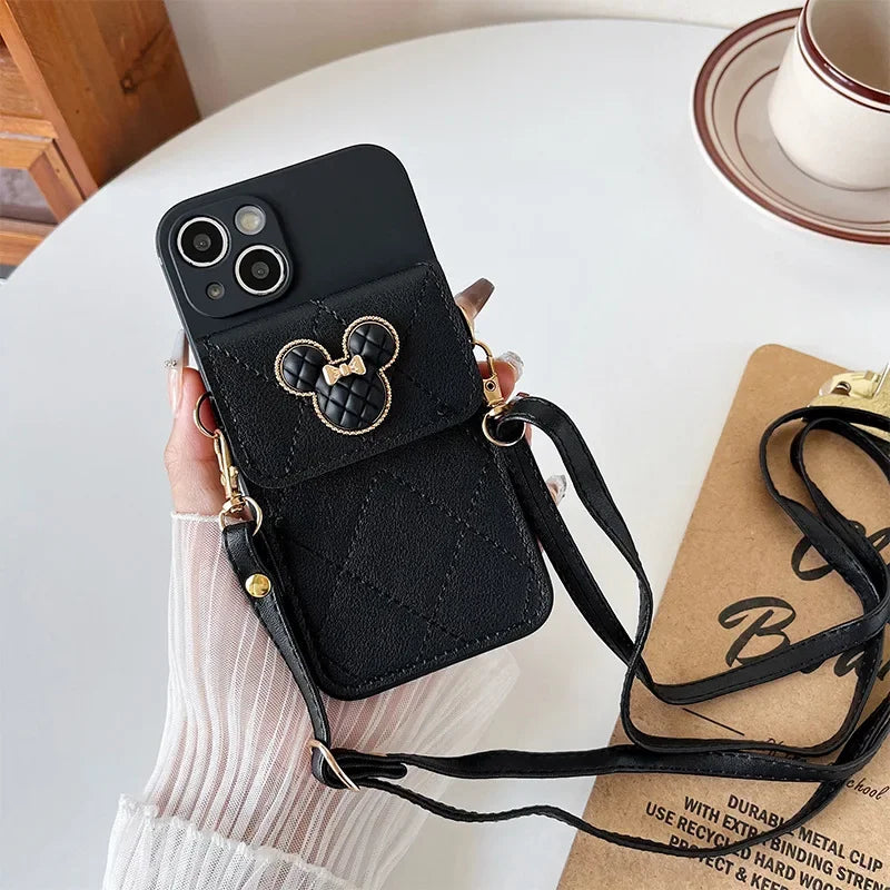 Cartoon Leather Wallet Phone Case with Lanyard