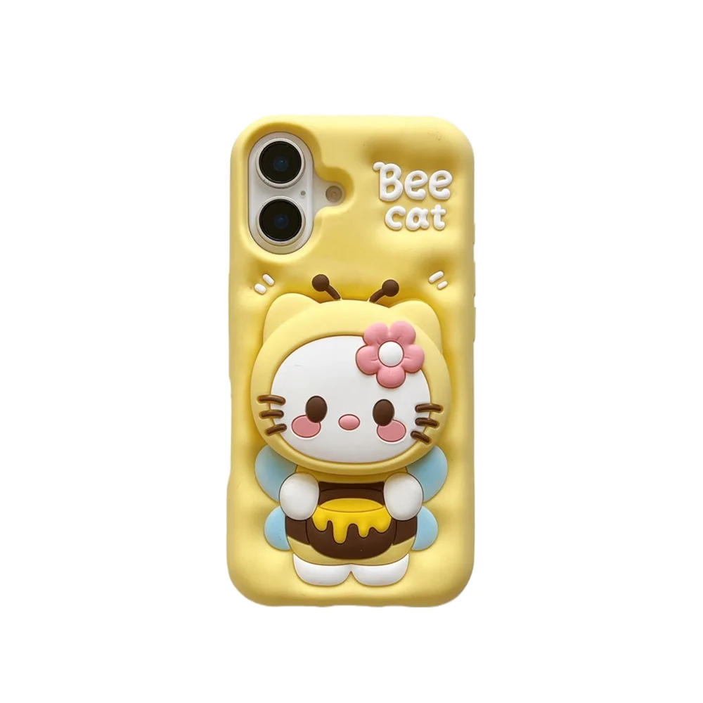 Cute 3D Hello Kitty Bee Case with Grip Tok – Soft Silicone Cartoon Cover for iPhone