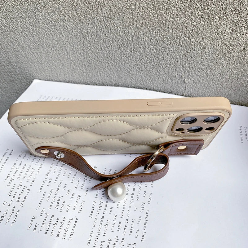 Leather Pearl Wrist Strap Phone Case