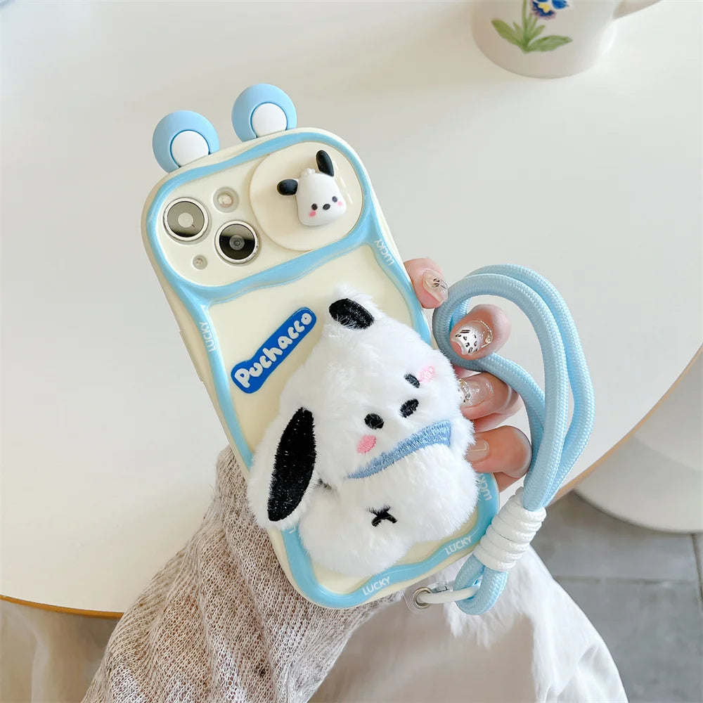 Cute Hello Kitty & Pochacco Plush Doll 3D Case – Soft Silicone Push-Pull Camera Cover for iPhone