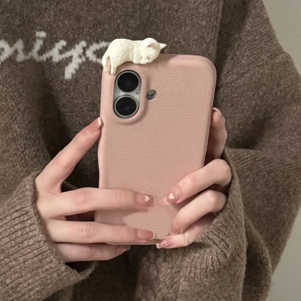 3D Cartoon Lying Cat Leather Phone Case