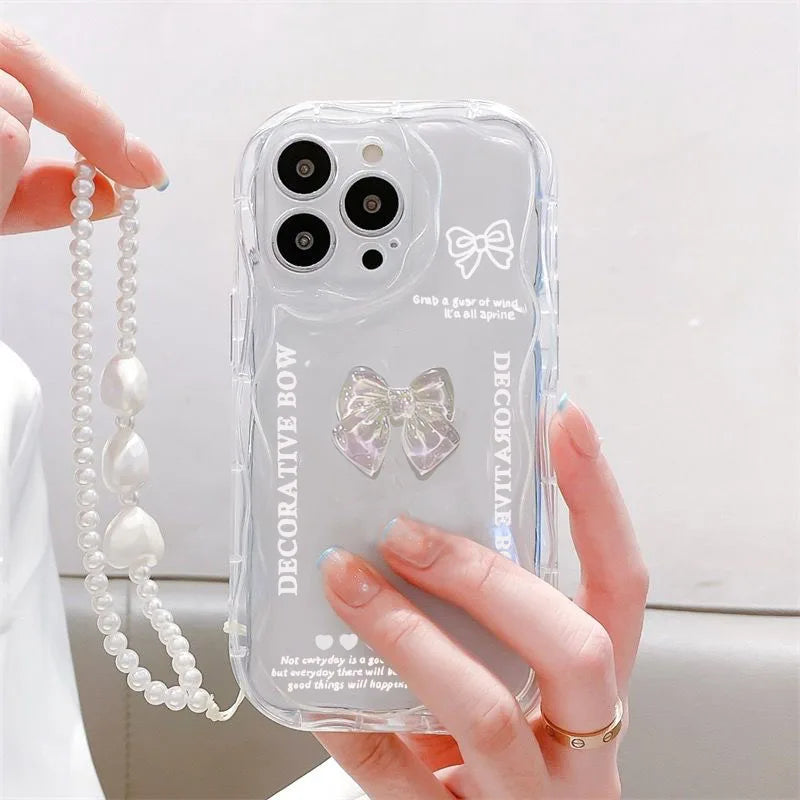 3D Bear Chain Lanyard Clear Case For iPhone  Korean Soft Transparent Cute