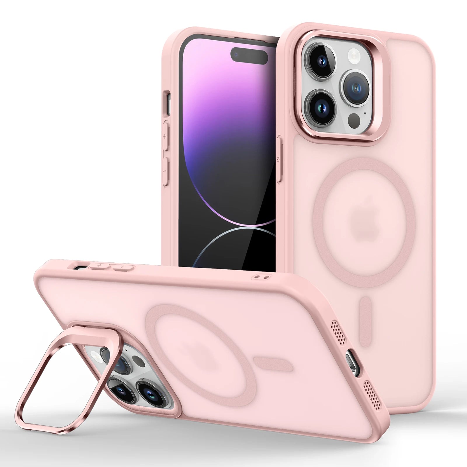 Magnetic Magsafe Case with Metal Lens Stand for iPhone – Matte Shockproof Wireless Charging