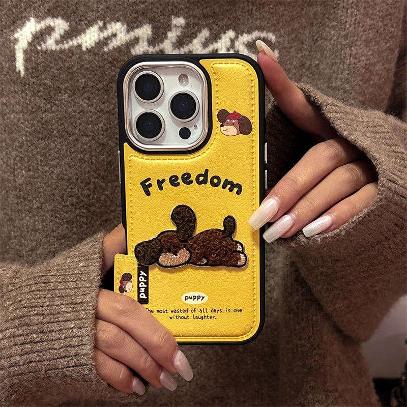 Embroidered Puppy Leather-Texture Phone Case
