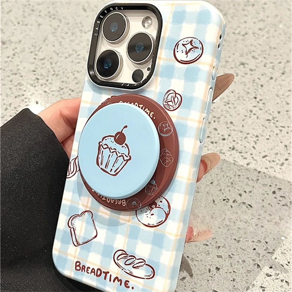 Cute Plaid Bread Bagel Phone Case with Grip for iPhone