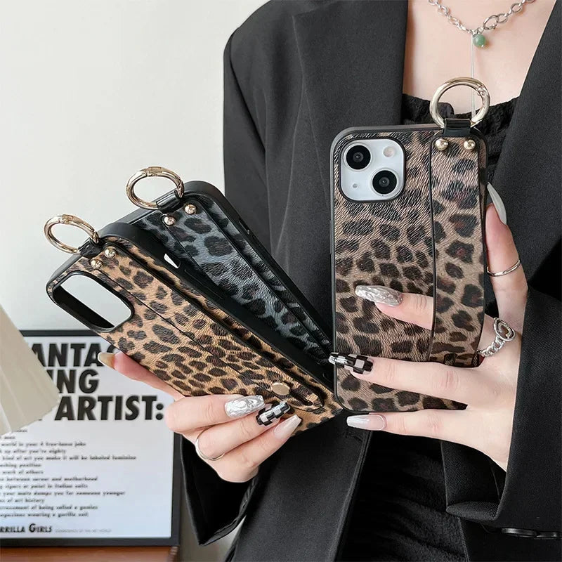 Leopard Print Wrist Strap Phone Case