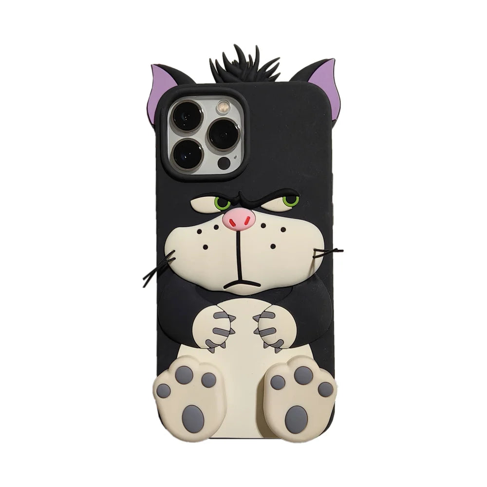 3D Lucifer Cat Stretching Feet Phone Case – Cute Cartoon Soft Silicone Cover with Bracket for iPhone