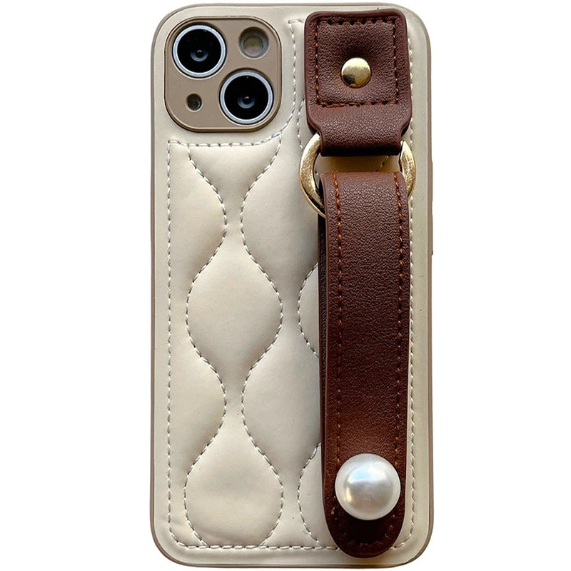 Leather Pearl Wrist Strap Phone Case