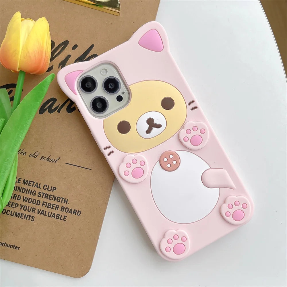 Cute Rilakkuma Bear Case For iPhone  Kawaii Cat Design Soft Silicone 3D