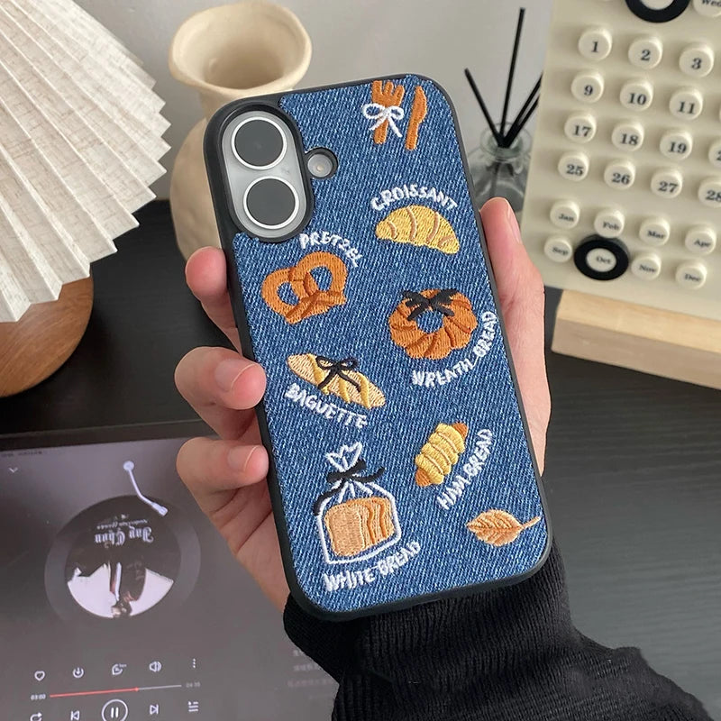 Embroidered Bread Toast Denim Phone Case