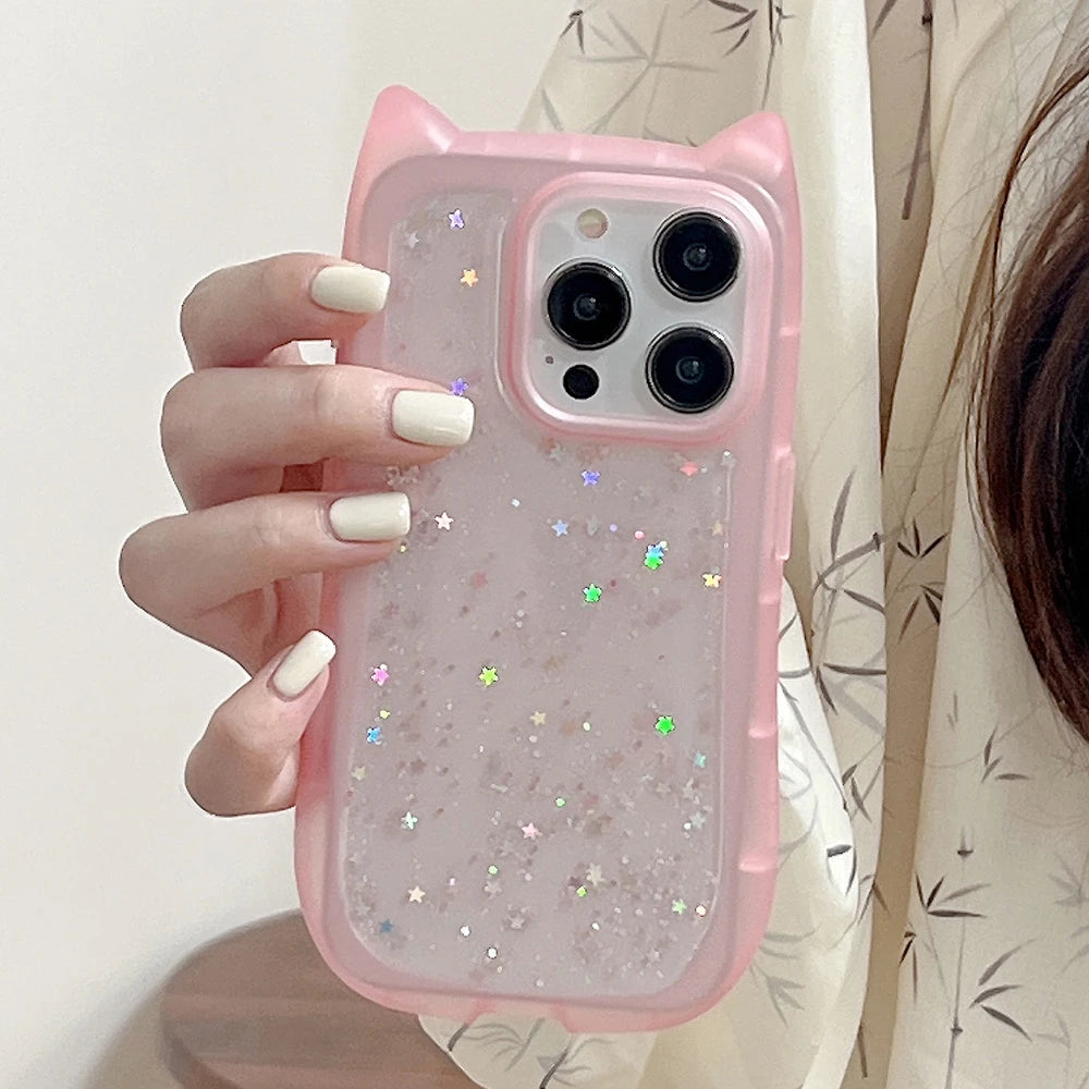 Cute Cat Ear Glitter Clear Silicone Case for iPhone – Shockproof Bling Back Cover