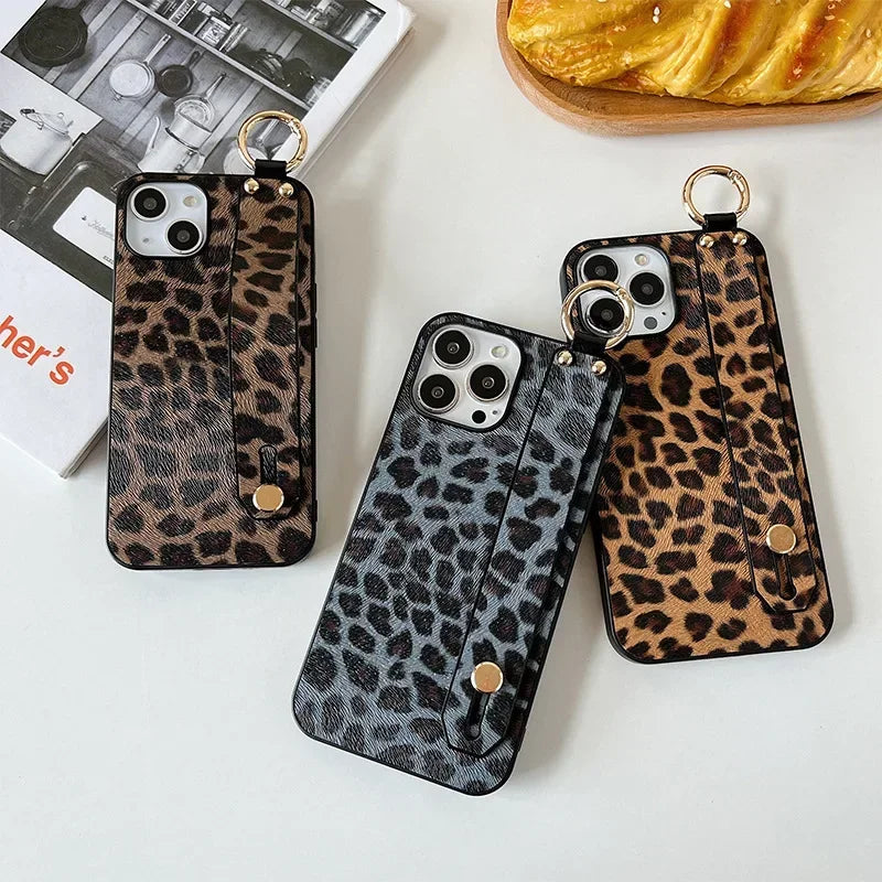 Leopard Print Wrist Strap Phone Case