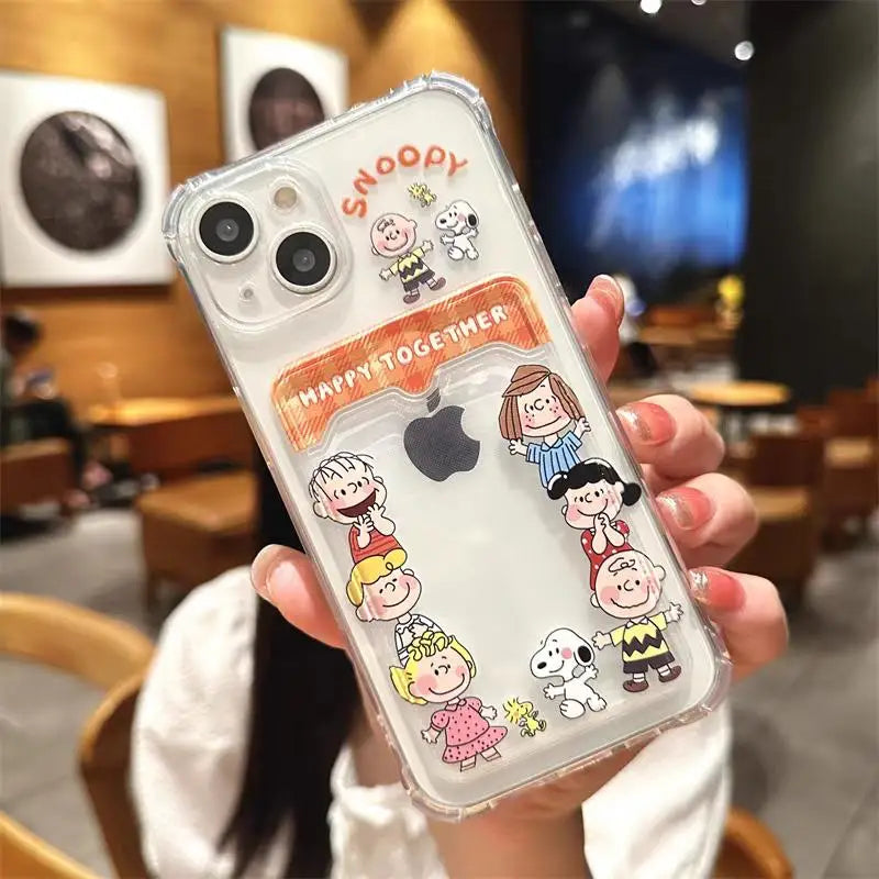 Cute Cartoon Snoopy Clear Soft Case with Card Holder For iPhone  Mini & Plus Series