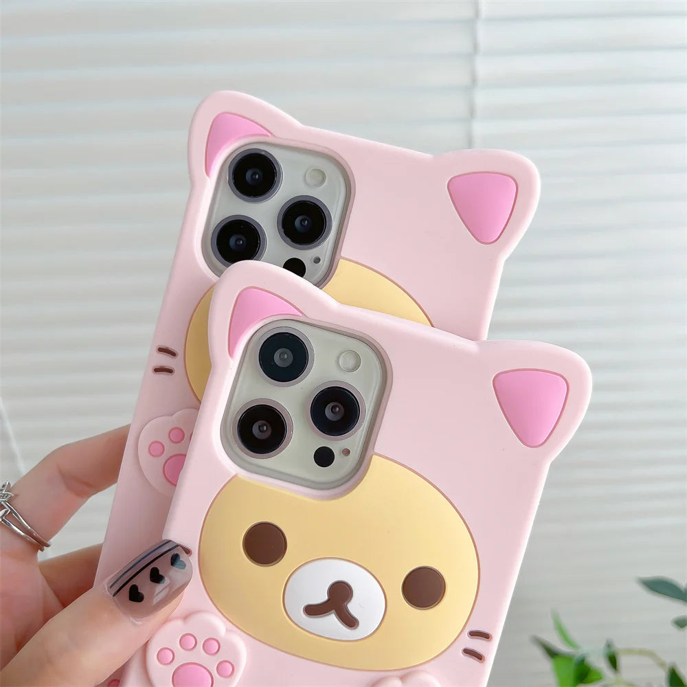Cute Rilakkuma Bear Case For iPhone  Kawaii Cat Design Soft Silicone 3D
