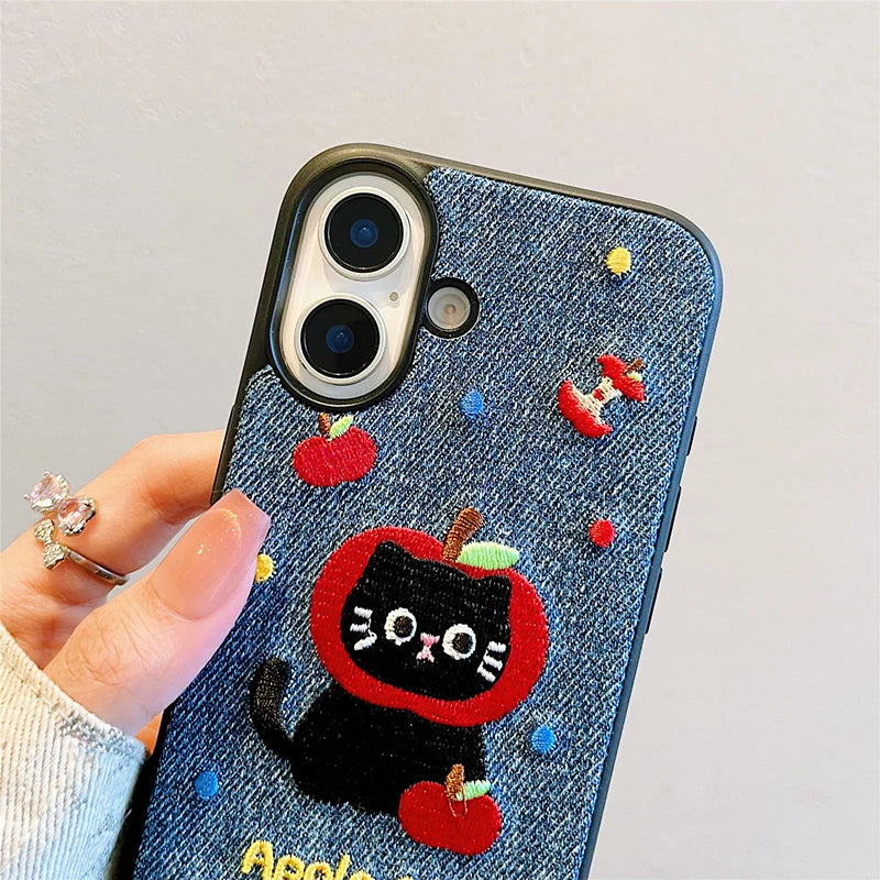 Cartoon Cat Embroidery Warm Phone Case