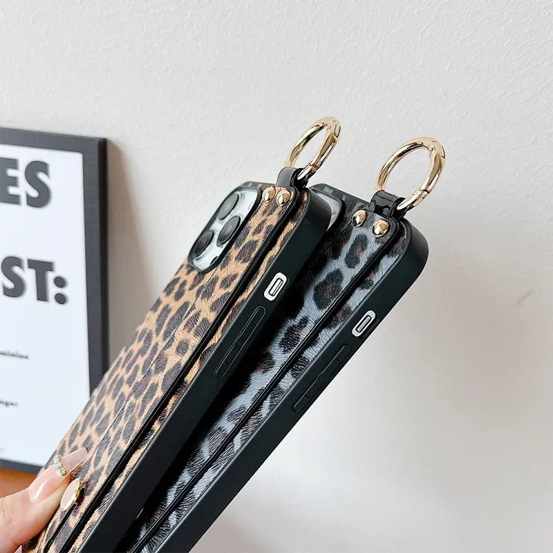 Leopard Print Wrist Strap Phone Case