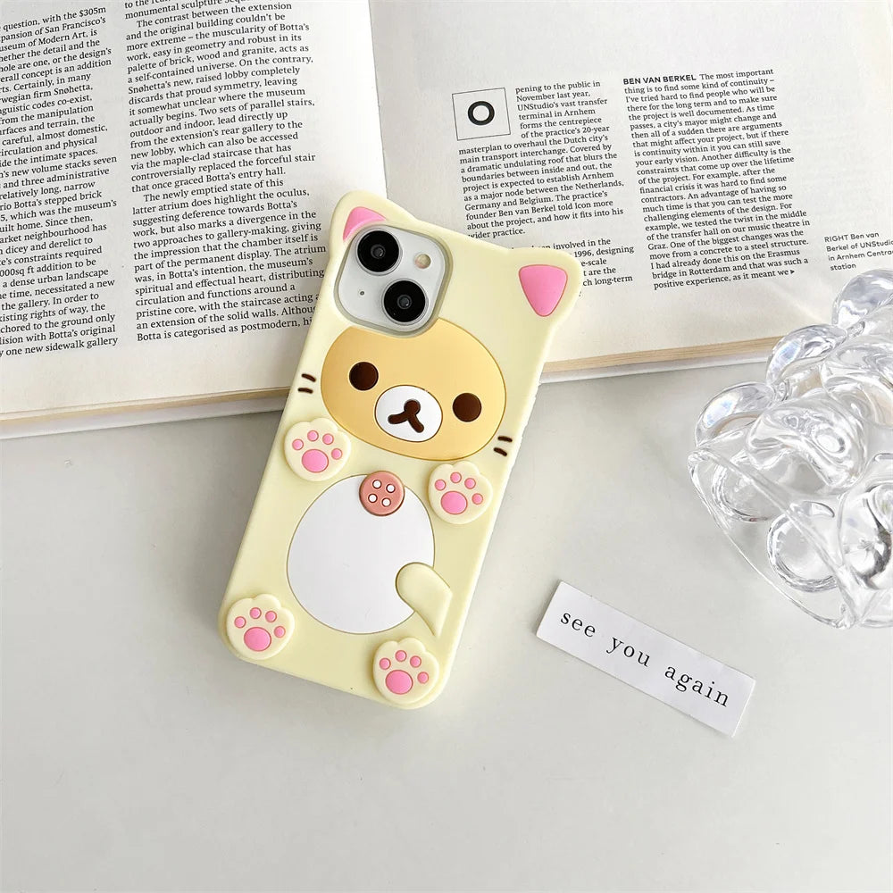 Cute Rilakkuma Bear Case For iPhone  Kawaii Cat Design Soft Silicone 3D