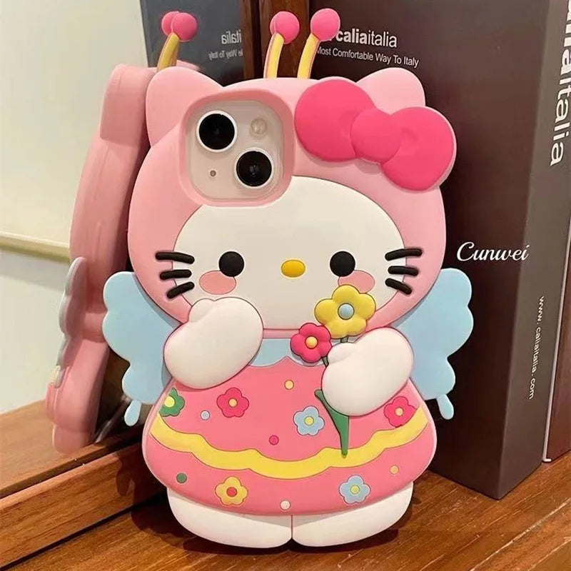 3D Hello Kitty Silicone Case Sweet Flower Cartoon Cover For iPhone