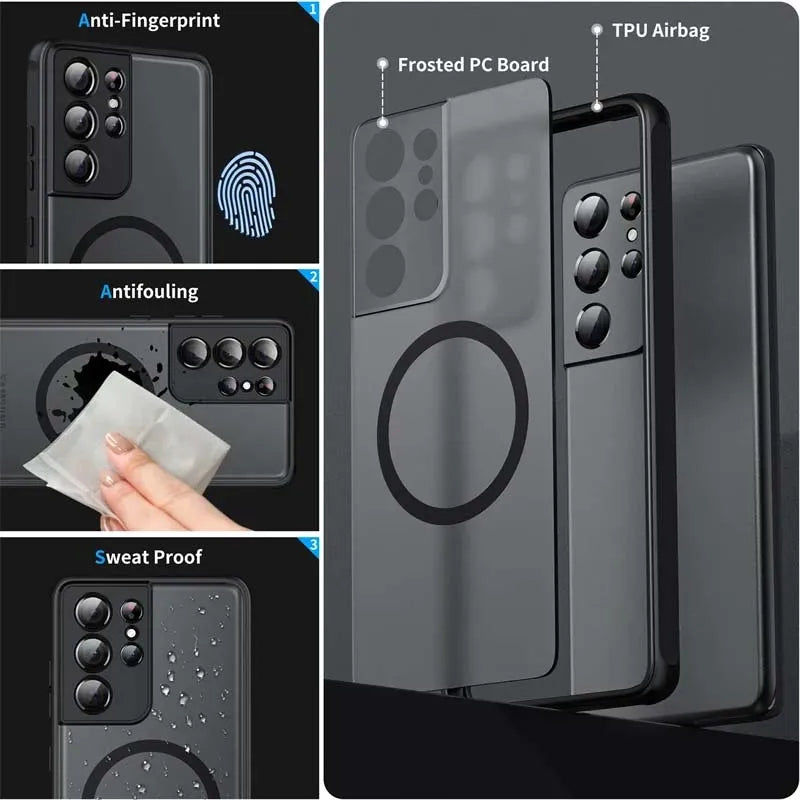 Magnetic Matte Magsafe Case for Samsung S20–S24 Ultra – Shockproof & Clear Protective