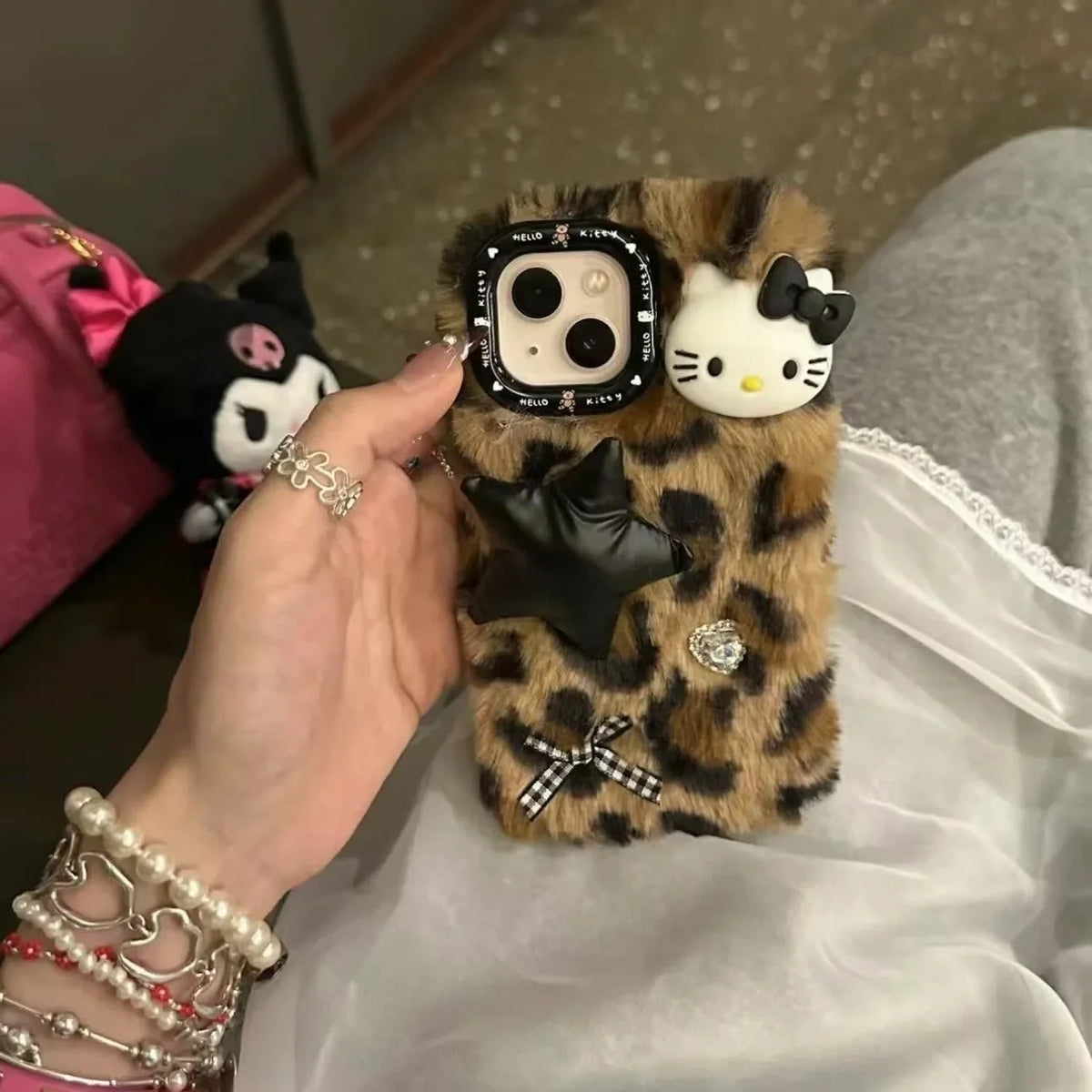 Leopard Print Hello Kitty Plush Case for iPhone