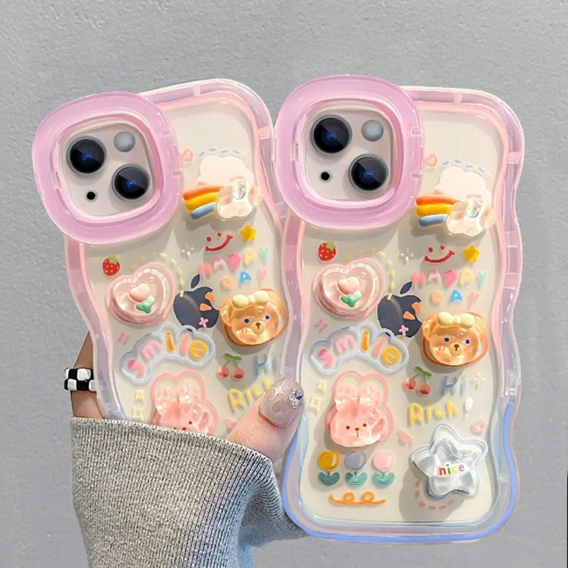 3D Rainbow Heart Stand Case for iPhone – Cute Cartoon Full Cover with Phone Holder