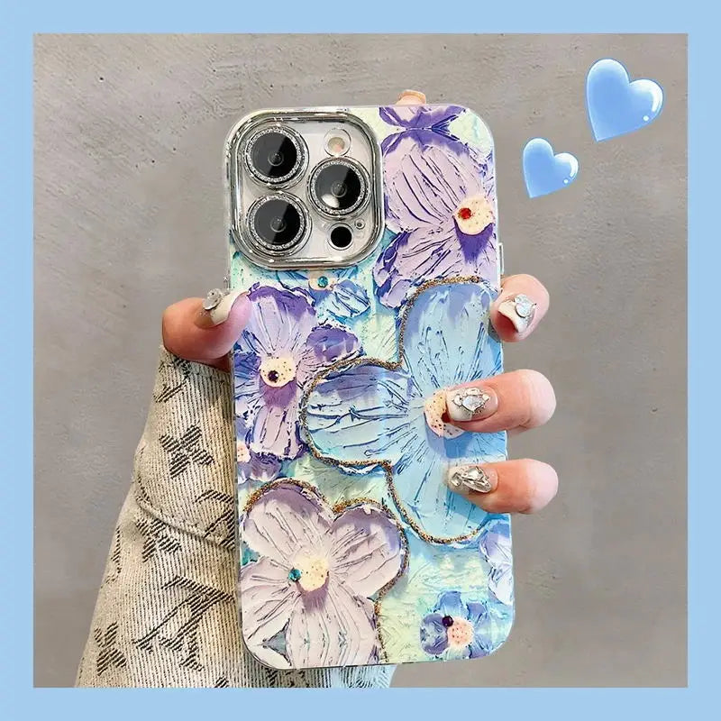 Glitter Laser Floral Phone Case with Diamond Lens Protection
