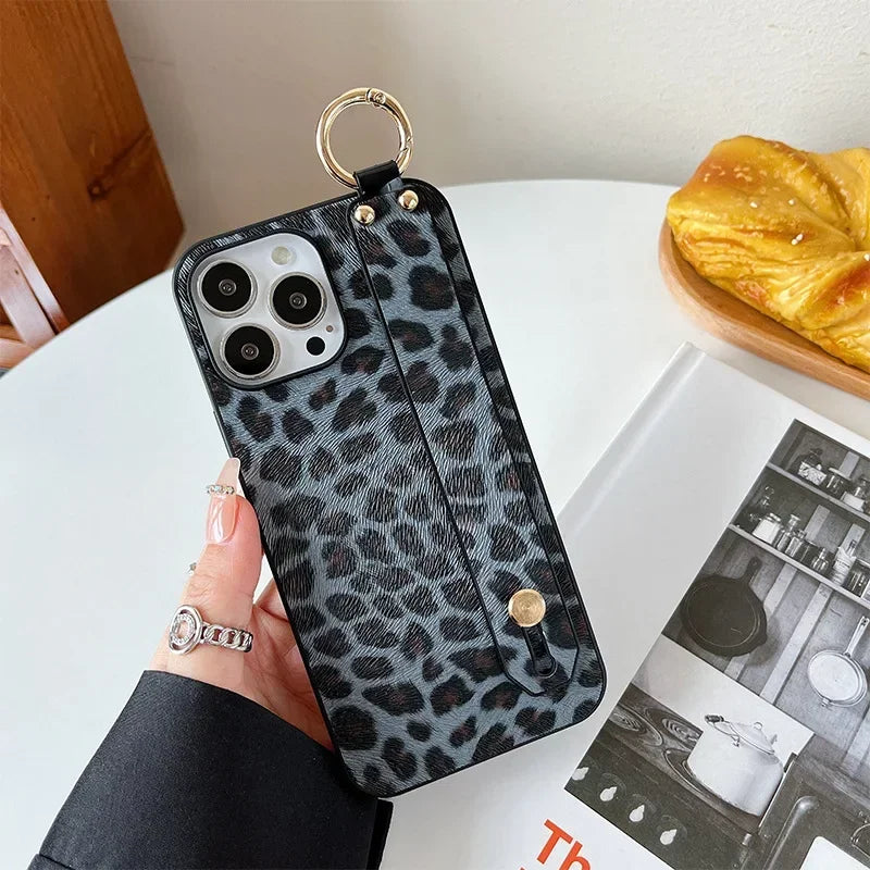 Leopard Print Wrist Strap Phone Case