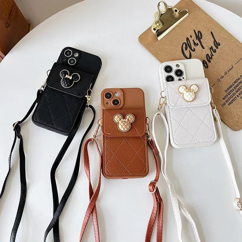 Cartoon Leather Wallet Phone Case with Lanyard