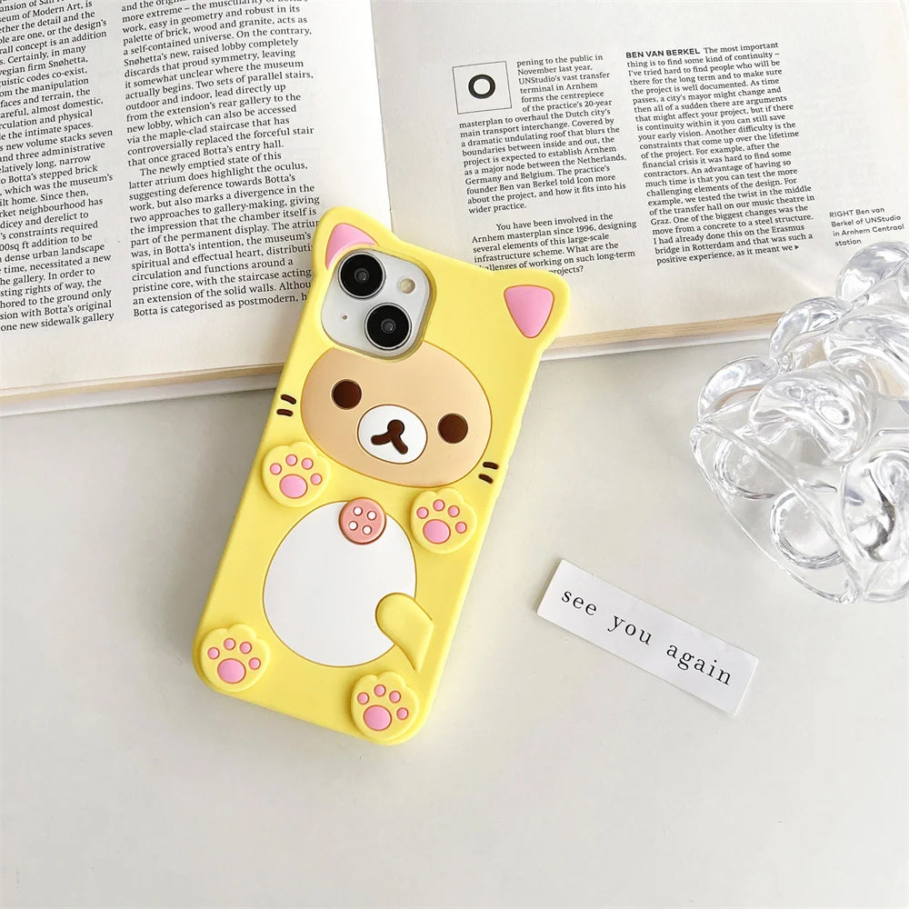 Cute Rilakkuma Bear Case For iPhone  Kawaii Cat Design Soft Silicone 3D