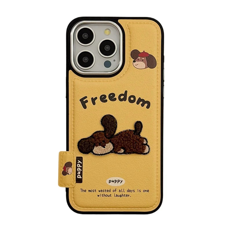 Embroidered Puppy Leather-Texture Phone Case