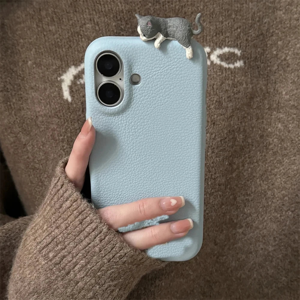 3D Cartoon Lying Cat Leather Phone Case