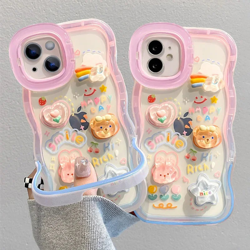 3D Rainbow Heart Stand Case for iPhone – Cute Cartoon Full Cover with Phone Holder