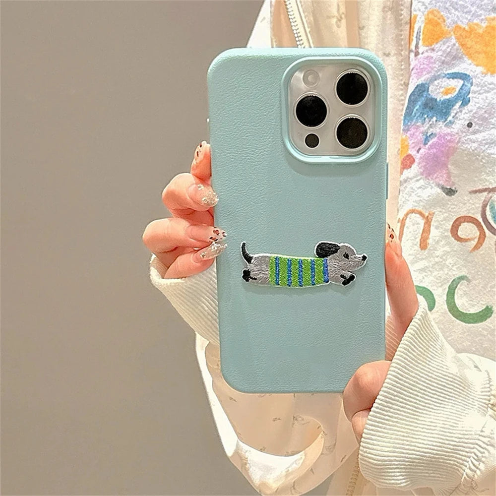 Embroidered Puppy Leather Case for iPhone