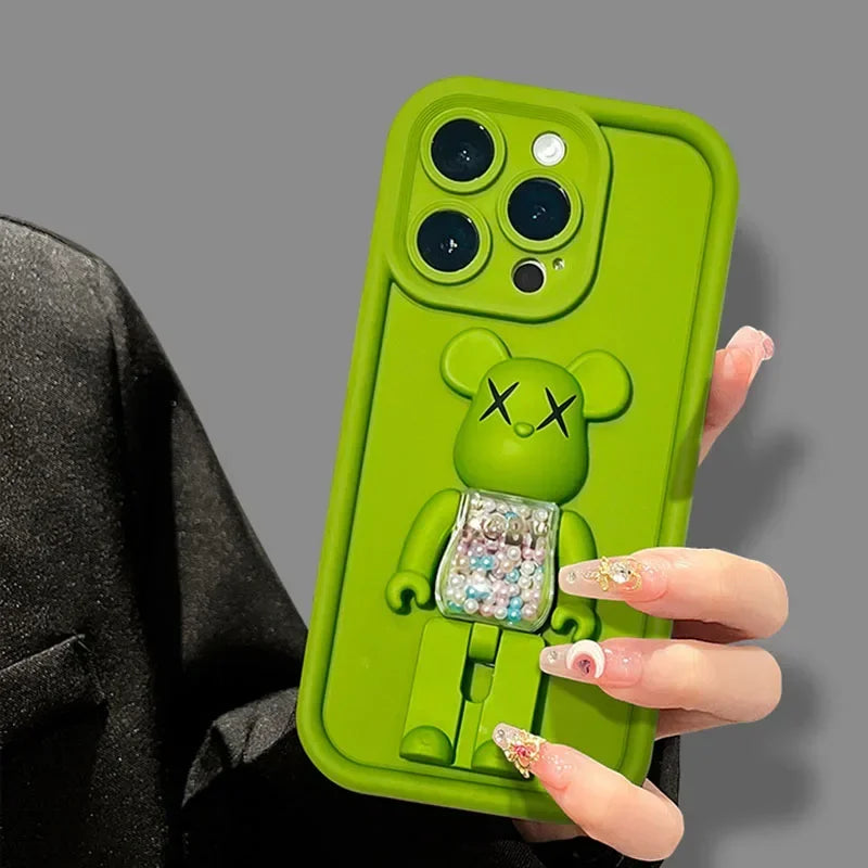 3D Bear Holder Matte Case For iPhone Soft Shockproof Stand Cover